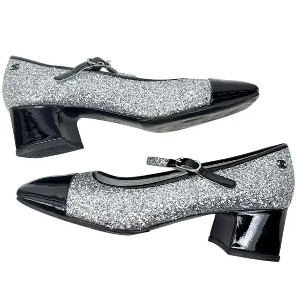 Chanel Glitter Patent Leather Cap Toe Mary Jane Pumps Silver Size 39.5 - Picture 9 of 12